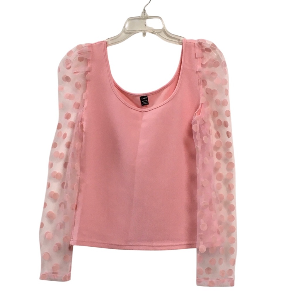 NEW Pink Puff-Sleeve Polka Dot Mesh Top